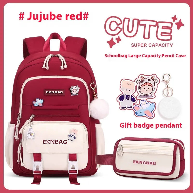 Girls waterproof school backpack in pink colour with curved shoulder straps and spine protection features