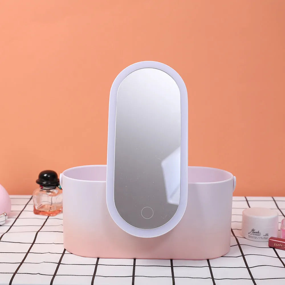 Pink gradient LED makeup mirror storage box with USB charging port