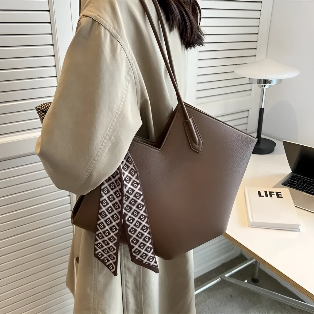 Women's large beige PU shoulder bag with sandwich pocket, shown next to black and brown colour options.