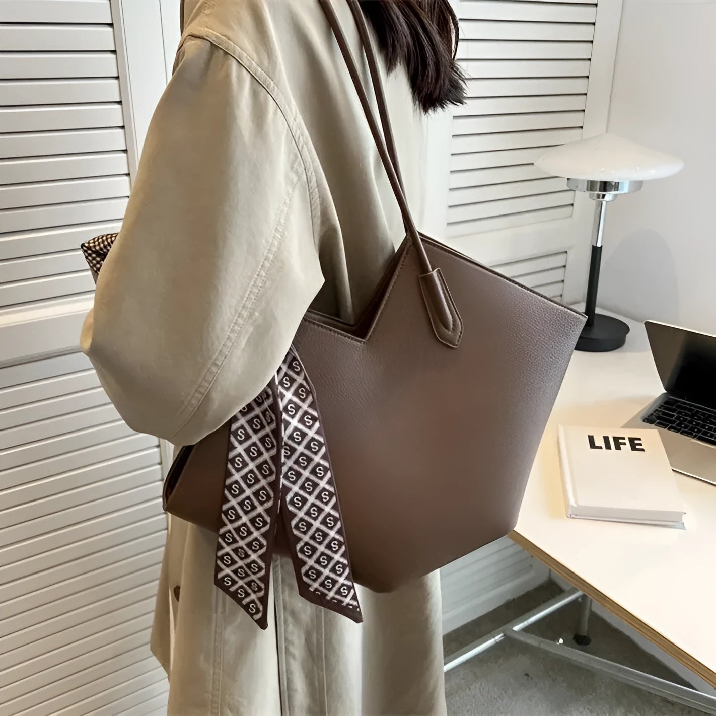 Women's large beige PU shoulder bag with sandwich pocket, shown next to black and brown colour options.