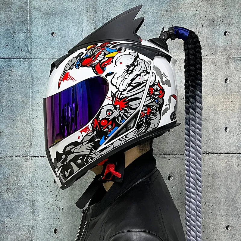 Dirty Braids pattern full face motorcycle helmet in ABS on a white background.