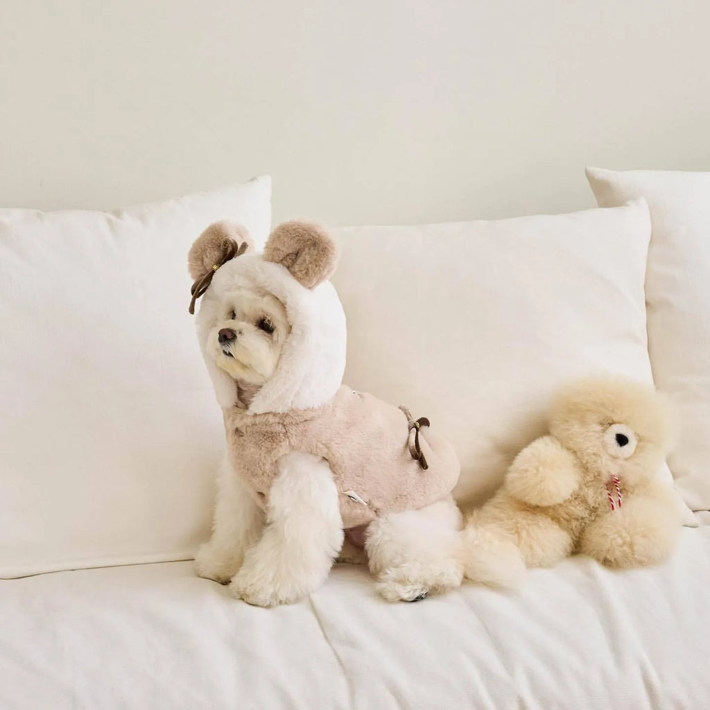 Light pink polyester warm coat costume for dogs and cats on hanger
