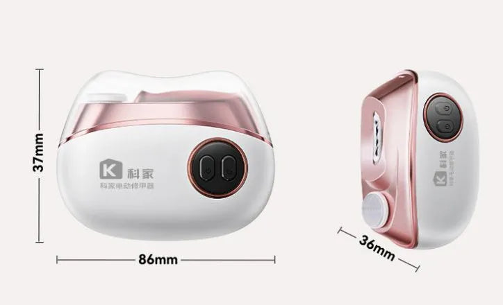 Blue electric nail clipper and polisher two-in-one tool with cleaning brush and USB cable.