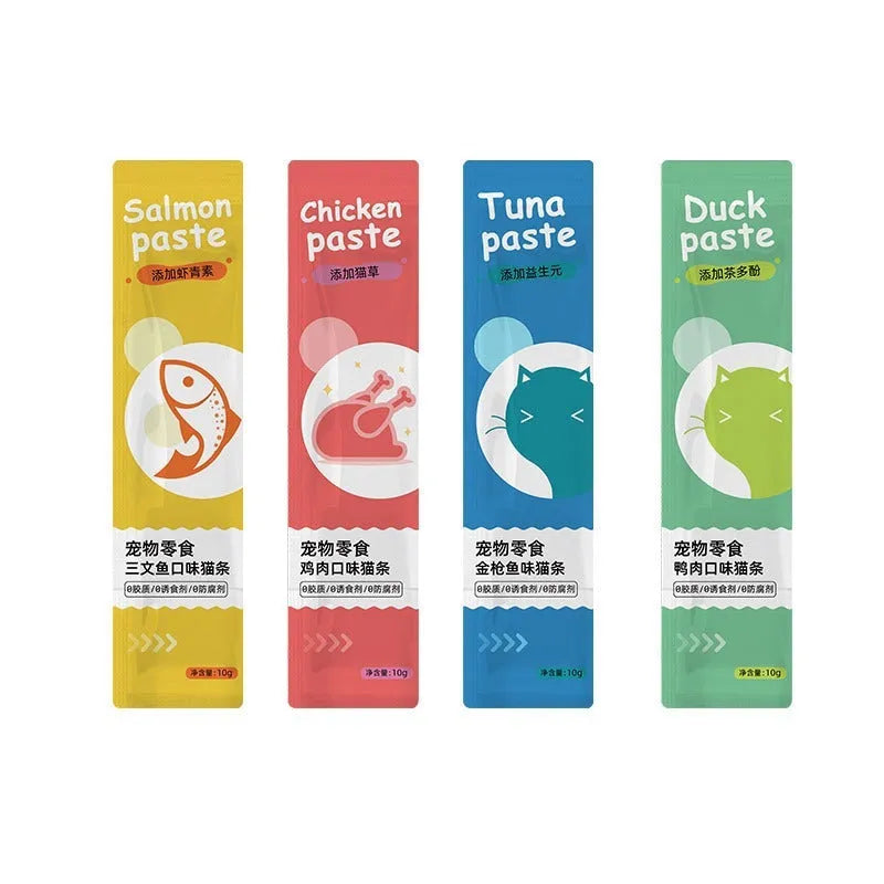 Pack of 10 cat strip snacks for kittens in four functional flavours