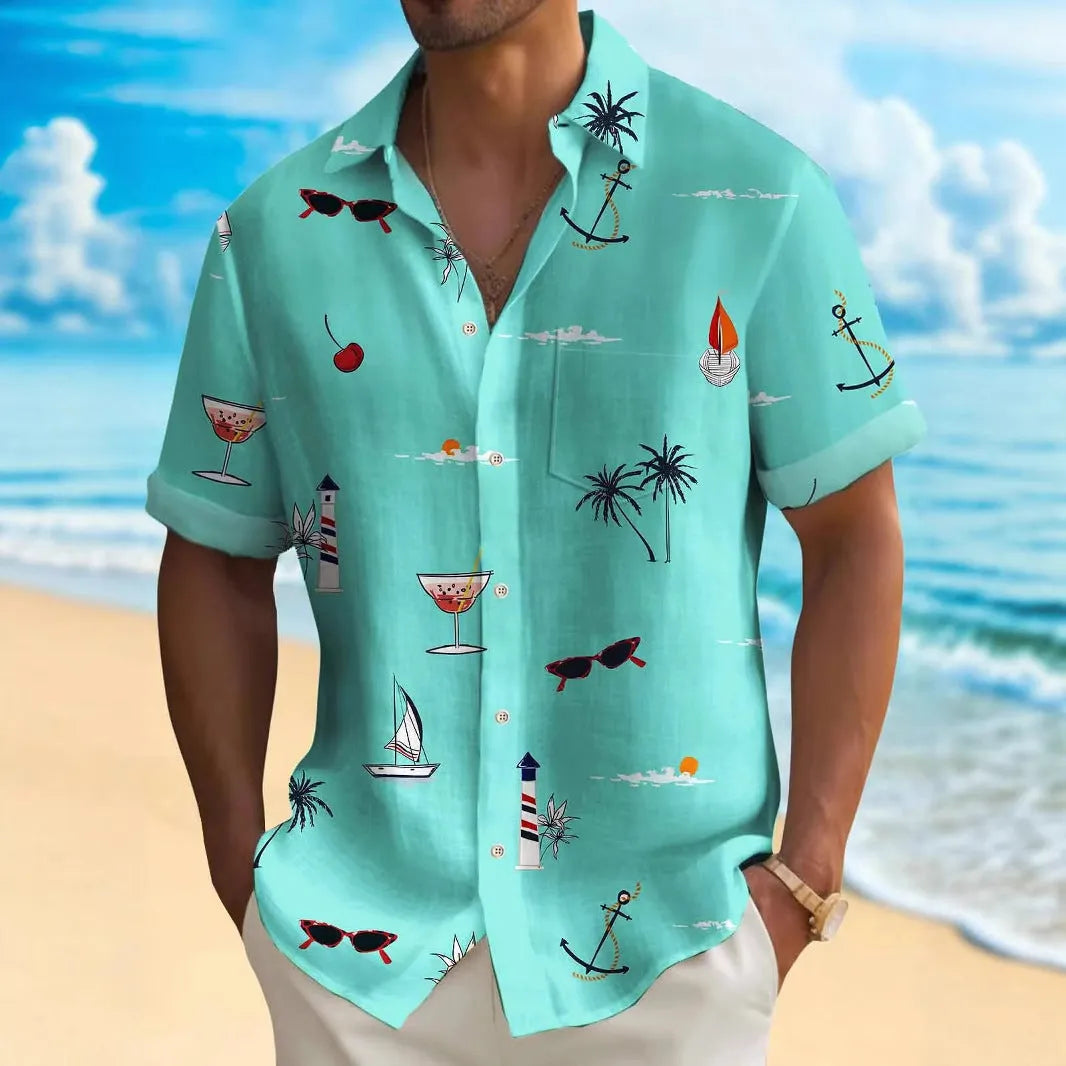 Man wearing a brightly coloured, digitally printed Hawaiian shirt with a loose fit and short sleeves.