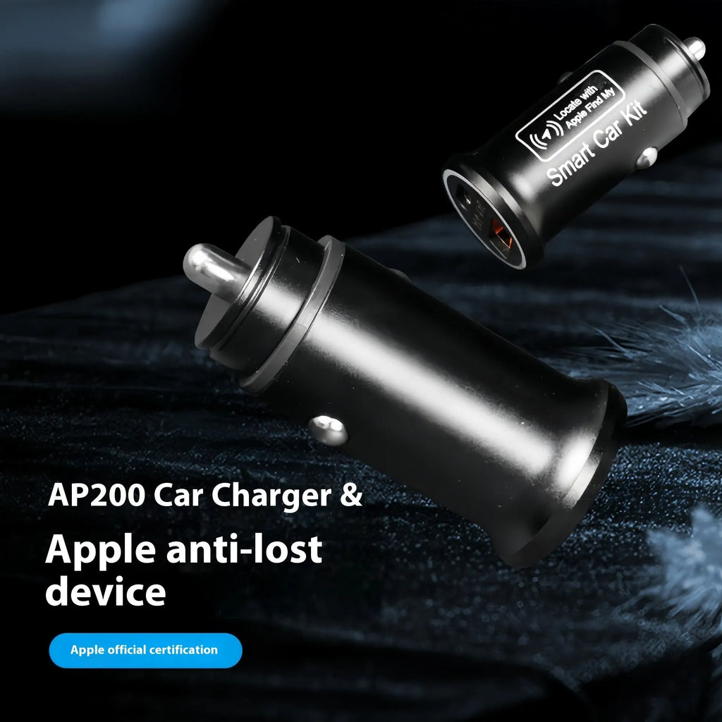 Black plug-in GPS car tracker with magnetic base, shown inserted into a vehicle's 12V lighter socket.