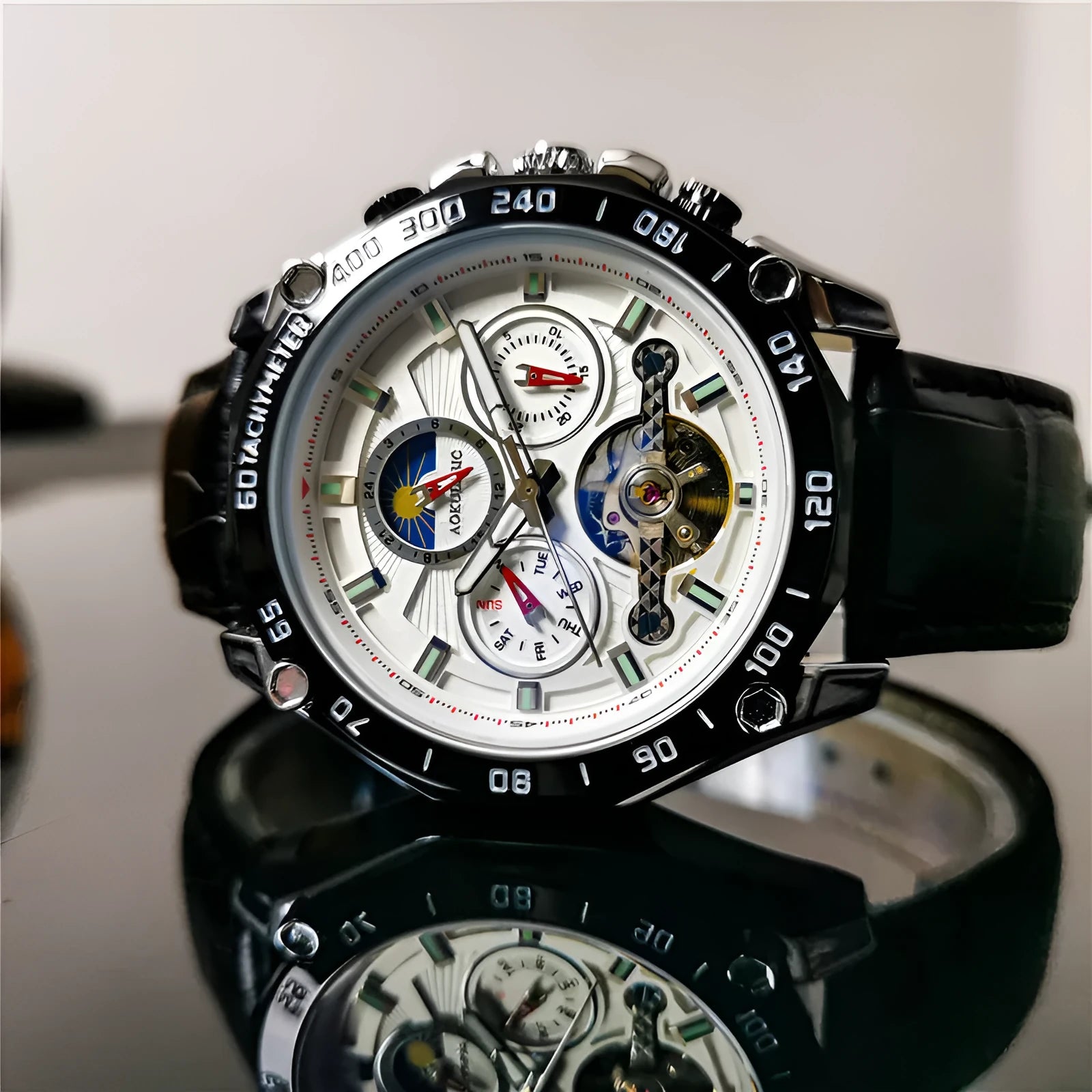 Men's automatic mechanical watch showing options for silver, black, and gold steel cases with white or black dials.