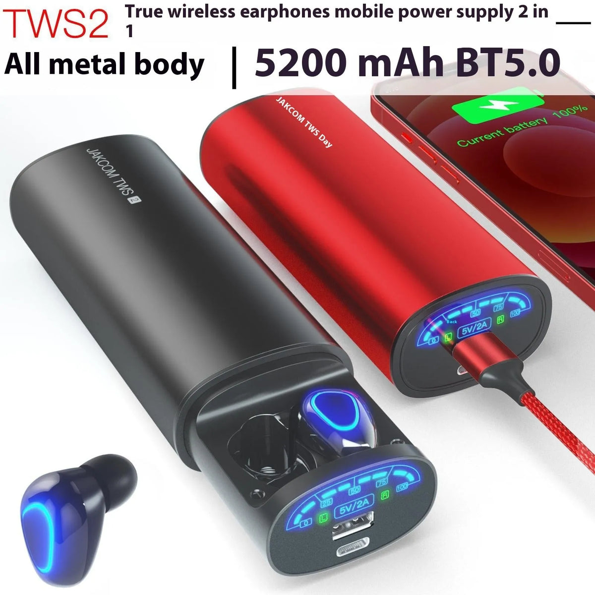 TWS2 true wireless Bluetooth headset with black charging case and earphones