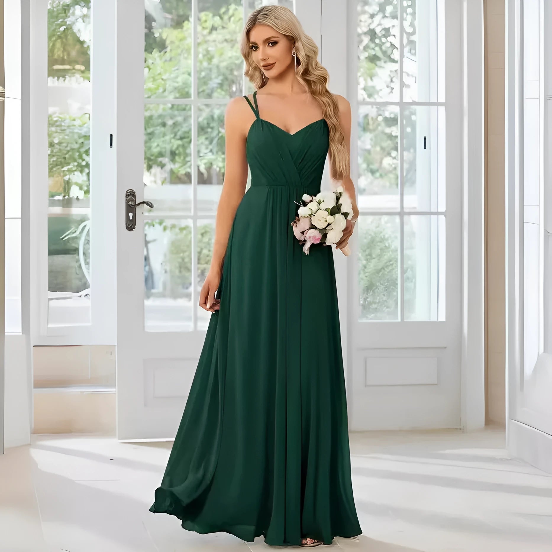 Women's sleeveless A-line long dress with pleated skirt detail in polyester fabric