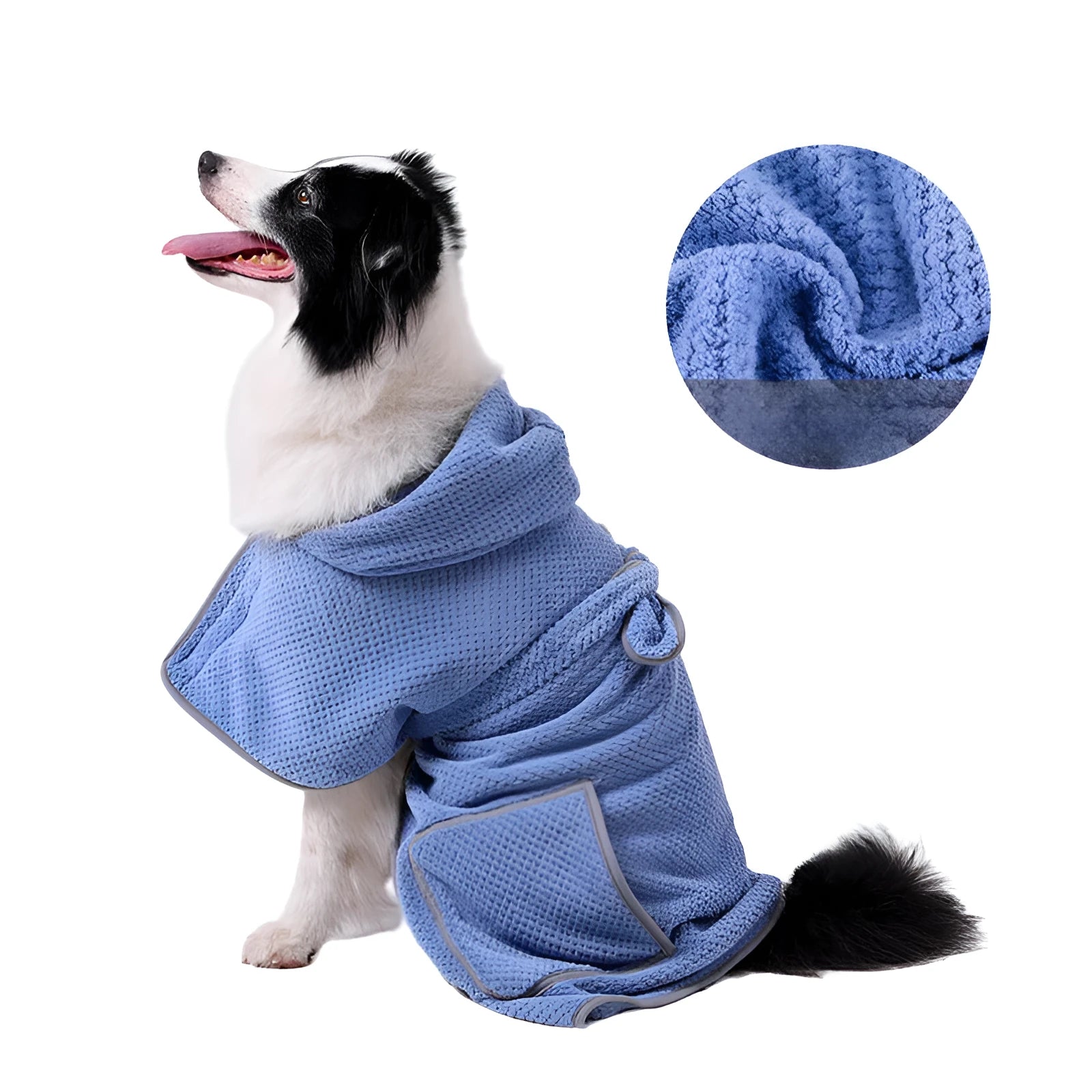 Blue microfiber dog bath robe towel with adjustable waistband wrapped around a dog.