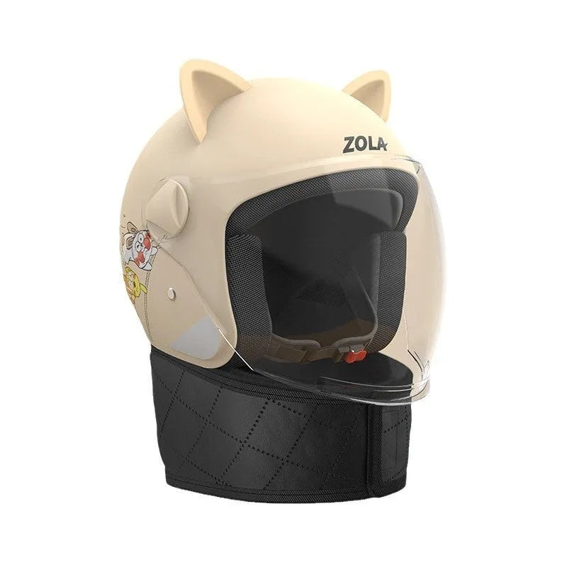 Blue winter electric bike helmet with attached fleece scarf and ear covers, visor down.