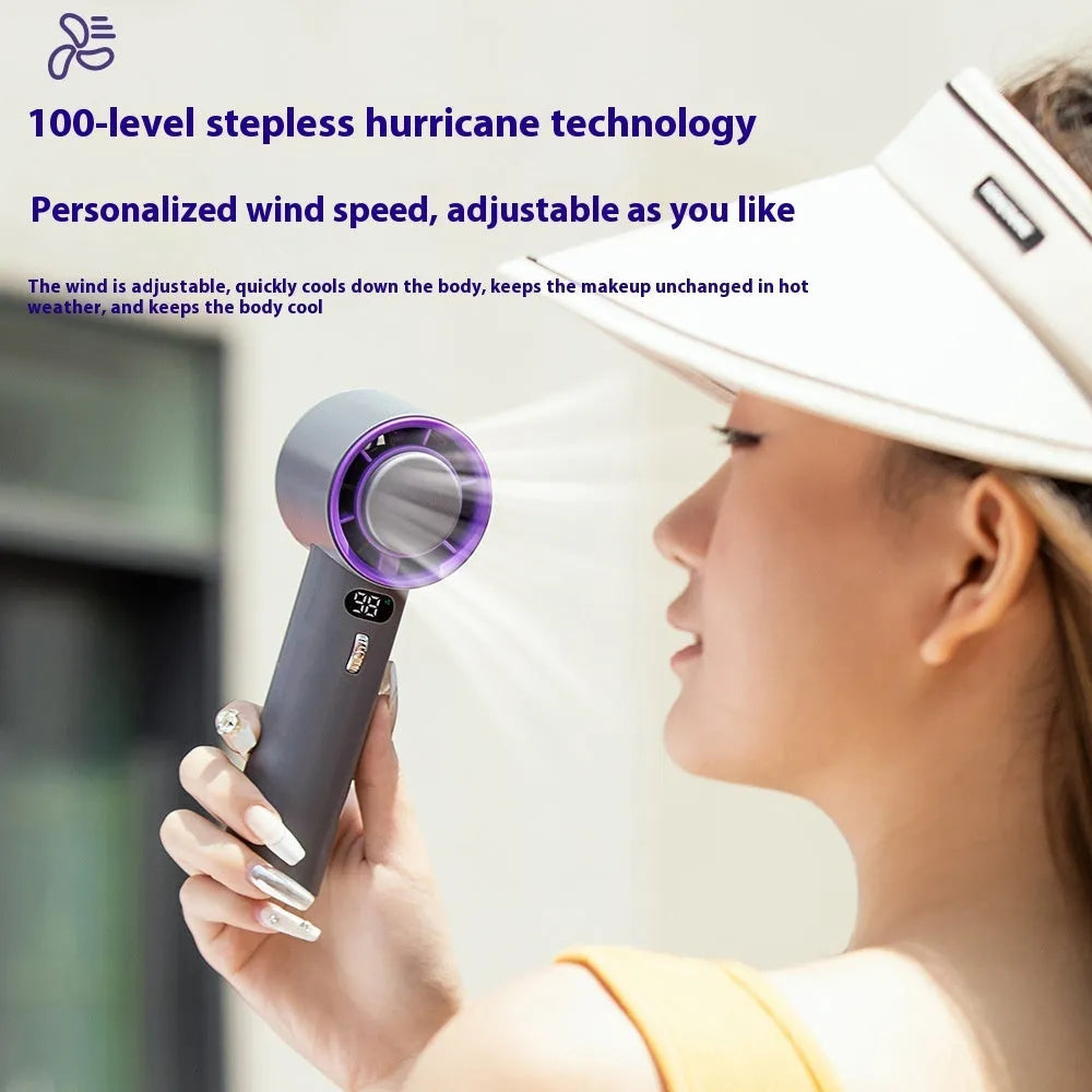White handheld personal cooling fan showing turbine vent and adjustable controls.