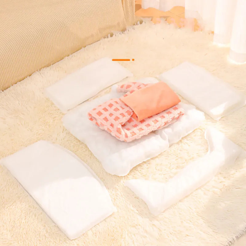Green triangular plush cat bed with a removable sponge insert, shown disassembled.