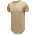 Men's slim fit short-sleeved cotton t-shirt on a hanger, shown in khaki colour.