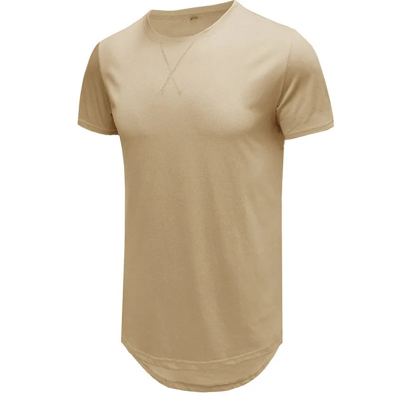 Men's slim fit short-sleeved cotton t-shirt on a hanger, shown in khaki colour.