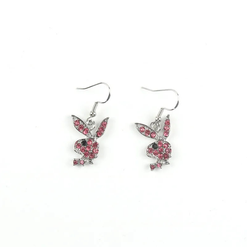 Small silver rabbit stud earrings with sparkling cubic zirconia stones and butterfly back on a white background.