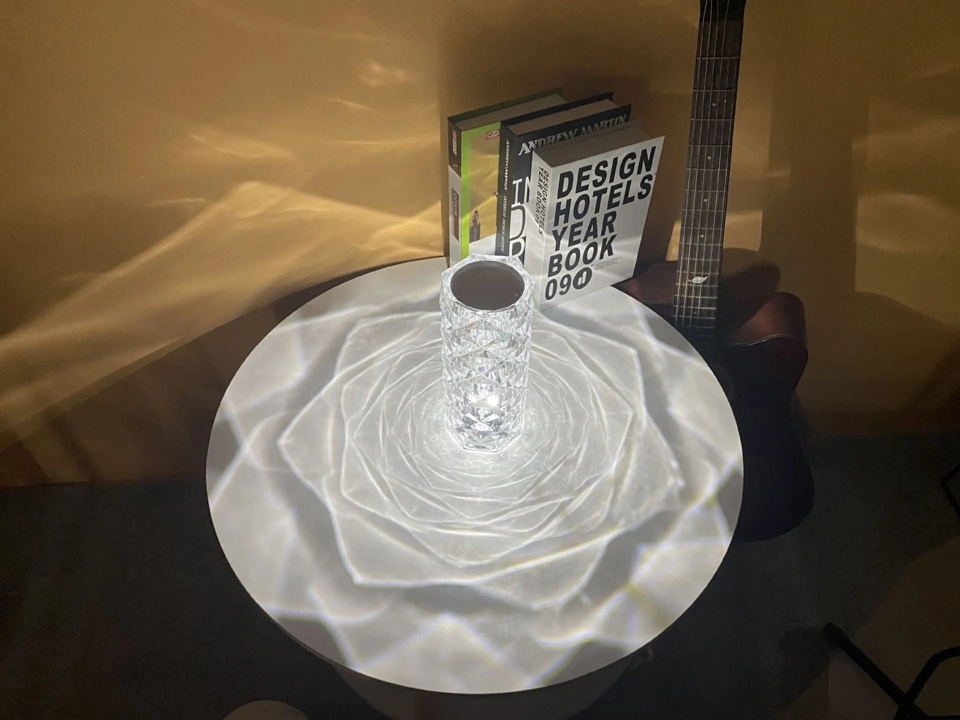 LED crystal rose diamond table lamp with PAMA acrylic construction showing three-tone lighting options