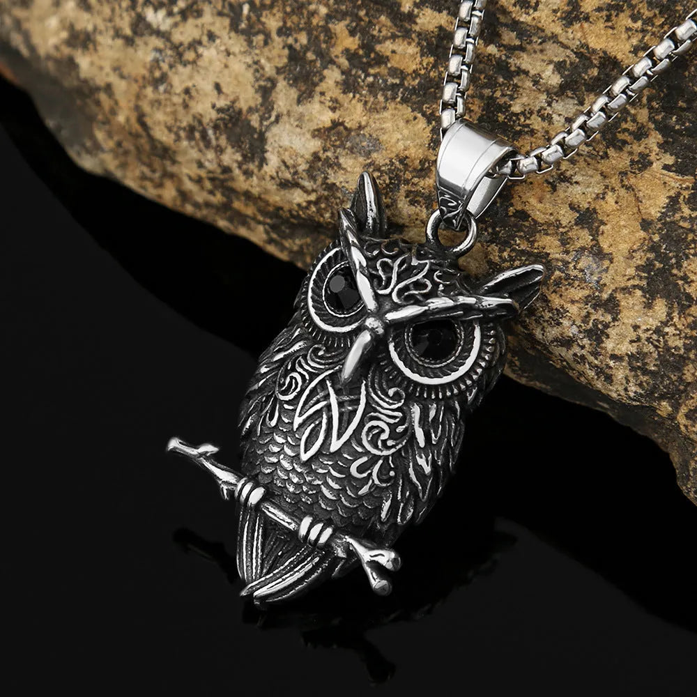 Titanium steel men's necklace with polished black eye owl pendant on O-link chain