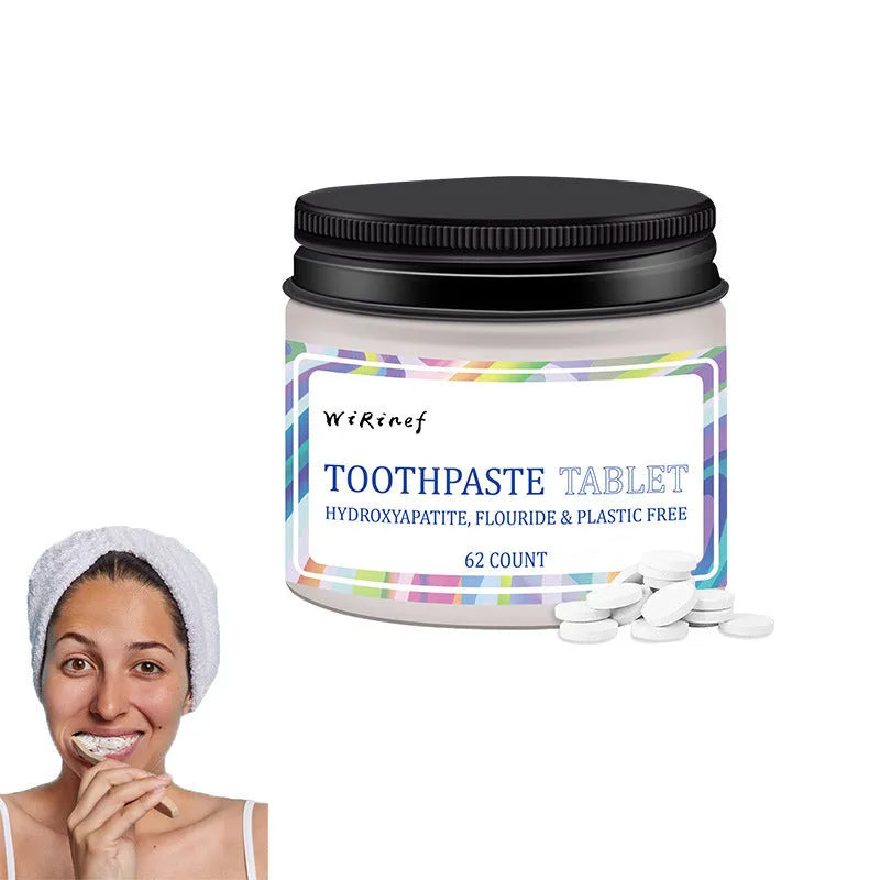 Pack of 62 white solid toothpaste tablets for portable dental cleaning.