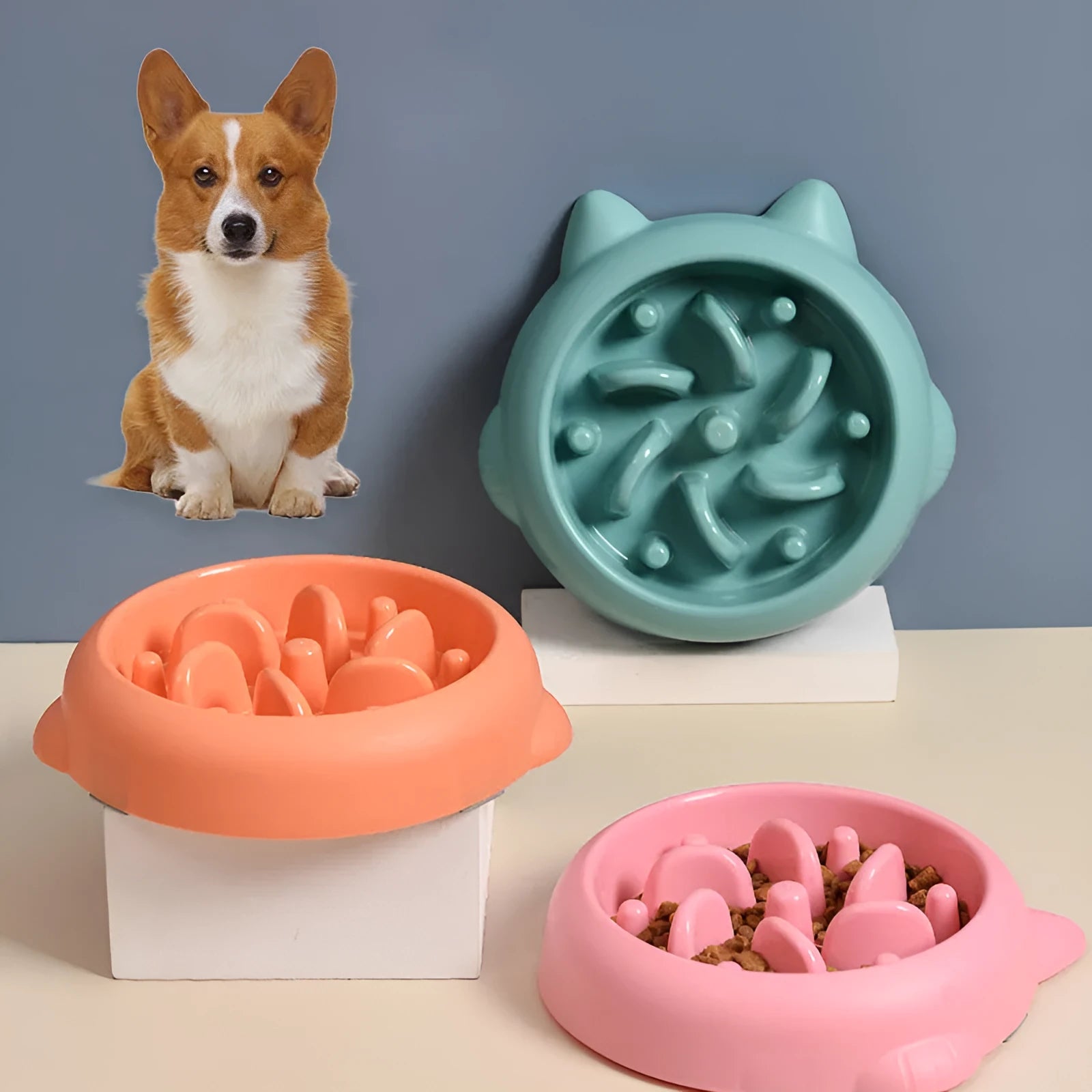 Pet slow feeder bowl in green with fun-shaped obstacles to slow eating and prevent gulping