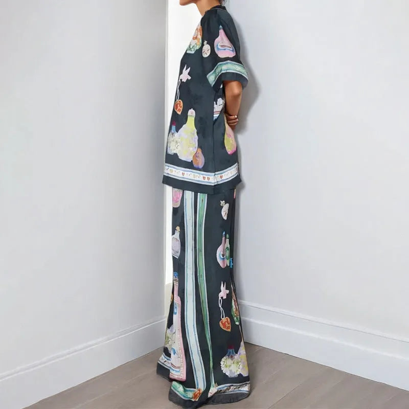 Black women's cardigan and trousers set with cartoon animation print