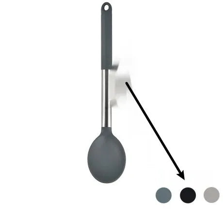 Black silicone kitchen utensil set with 12 tools in a rotating storage bucket on a kitchen countertop