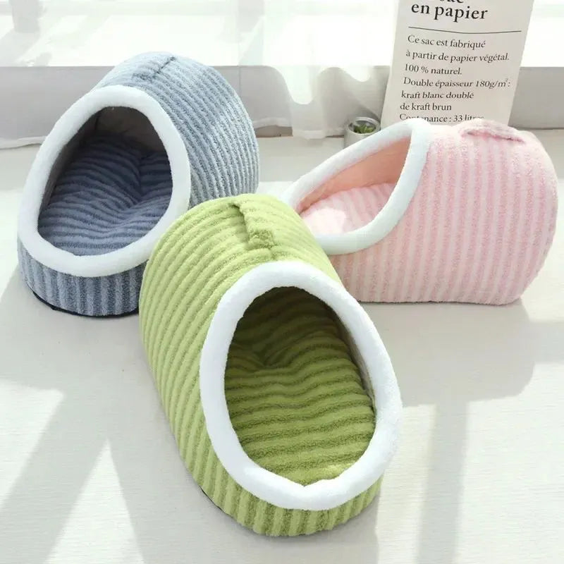 Thickened 3D dog cat bed with removable sponge in striped fabric, blue colour option