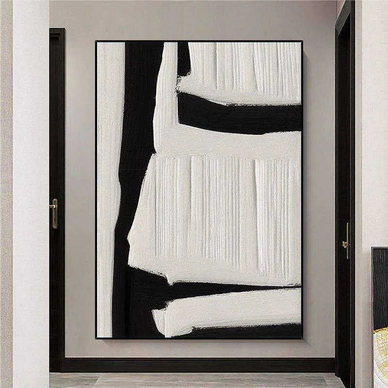 Large abstract hand-painted oil painting on canvas in black, white and beige tones with textured surface