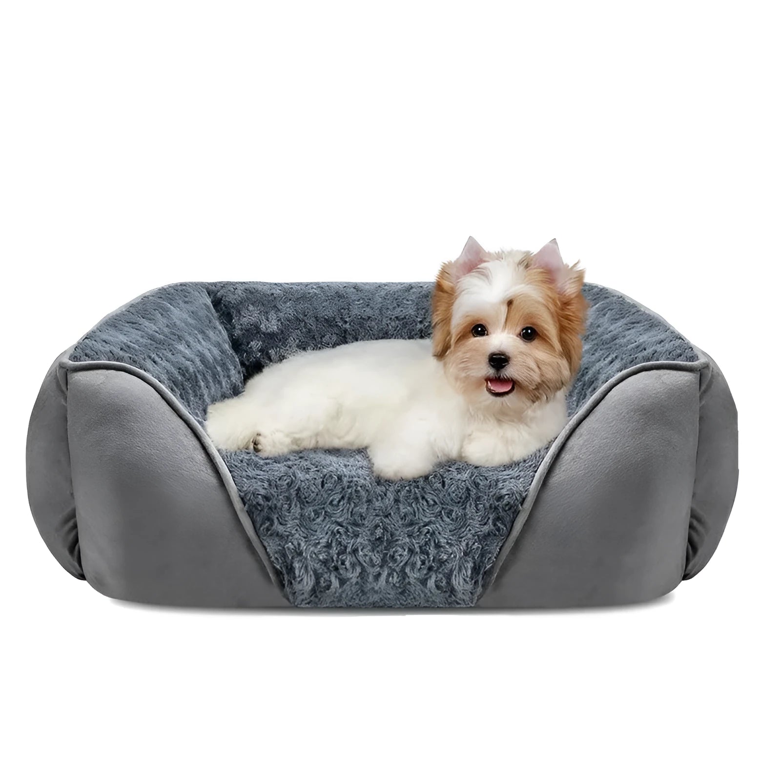 Beige plush kennel-style pet bed for dogs or cats, showing enclosed sides and soft cushioning.