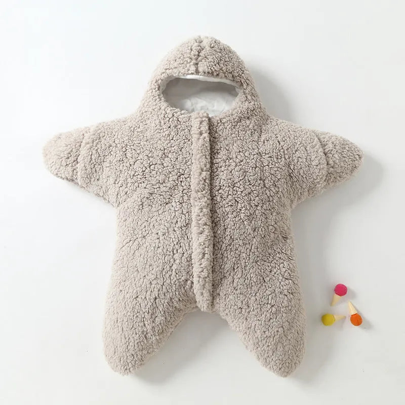 Cashmere and cotton baby sleeping bag with hood in starfish lamb velvet design