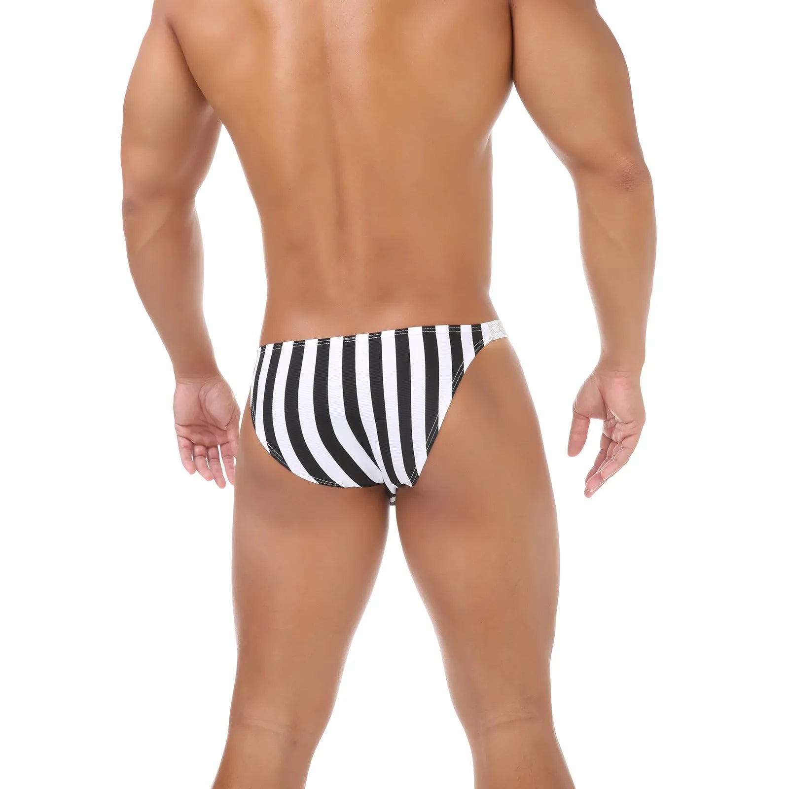 Men's zebra striped low waist briefs with shiny belt and U-pouch front