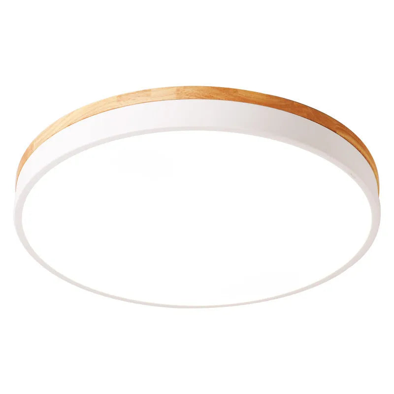 Round solid wood and iron LED ceiling lamp in a Nordic design, shown in a white finish.