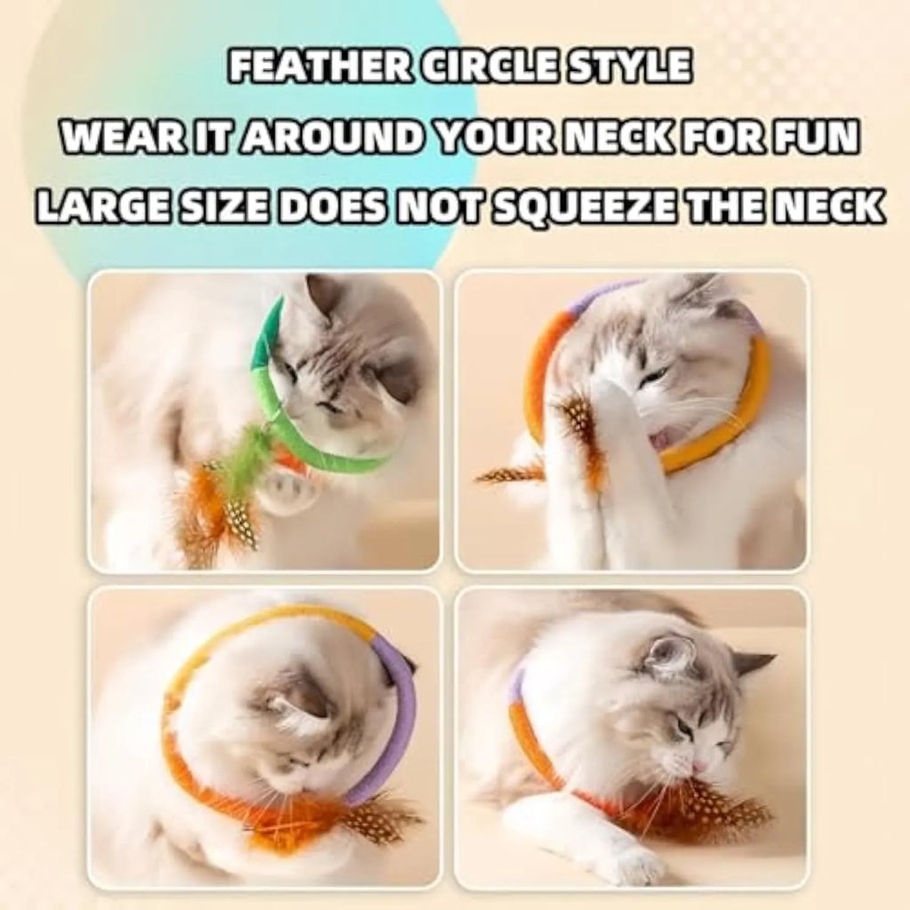 Green circular cotton rope cat toy with feathers attached, shown next to purple version