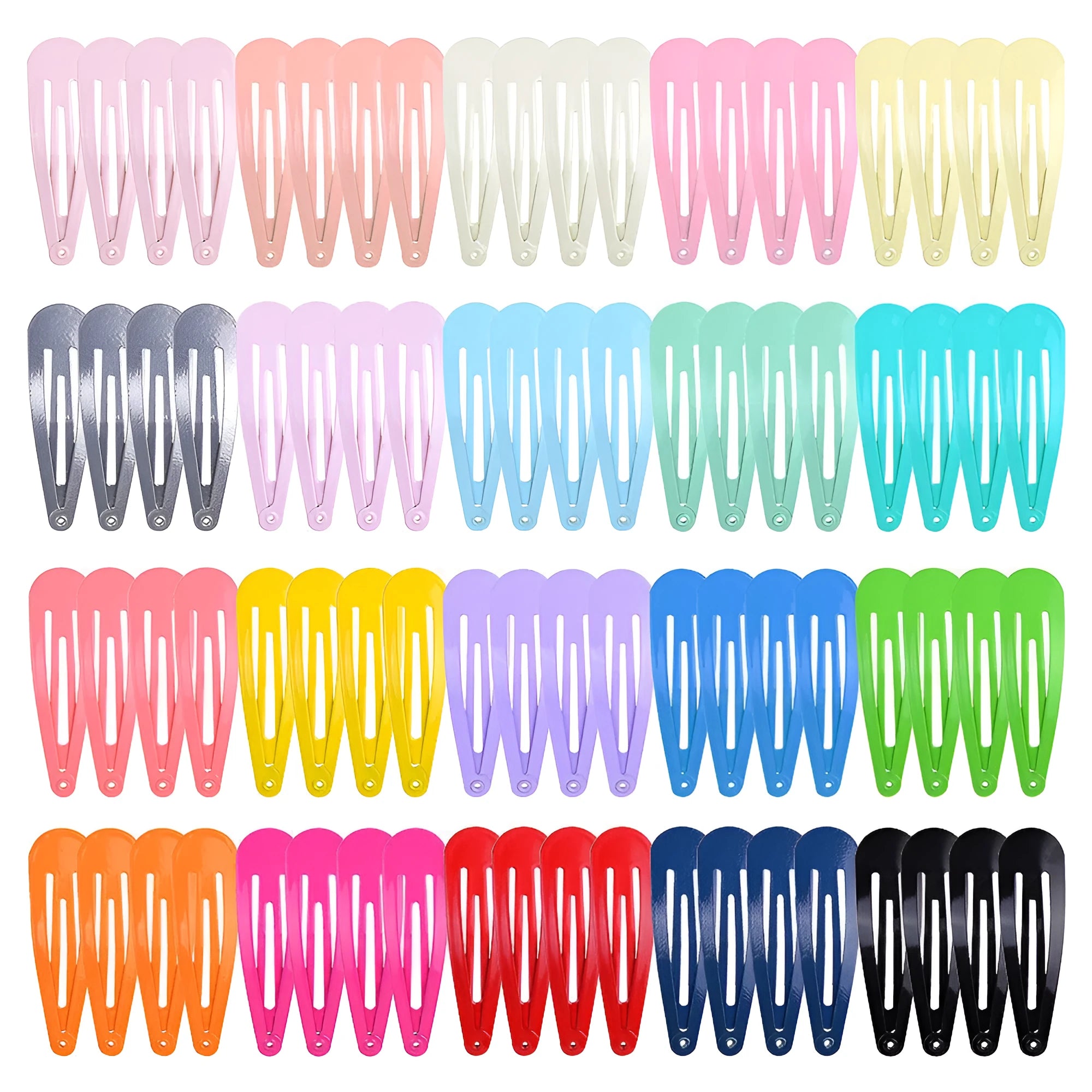 80 metal hair clips in 20 different colours arranged next to a zip-lock plastic bag
