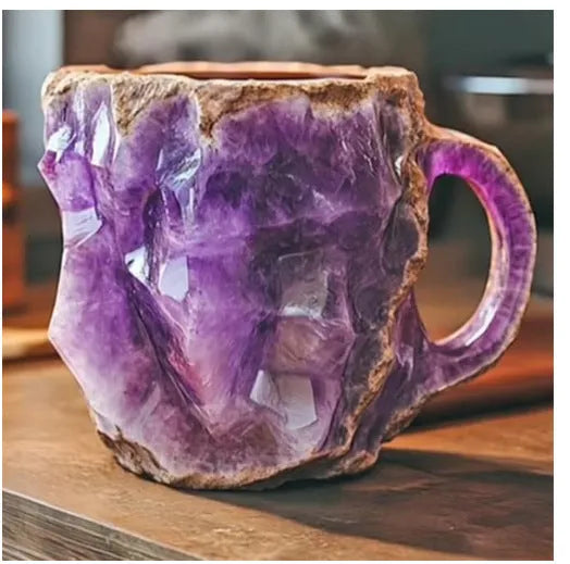 Purple resin coffee mug with handle showing crystal-like texture, 10cm tall.