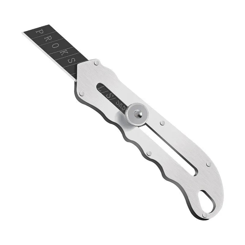 Stainless steel folding art knife with black blades including long and trapezoidal blade types