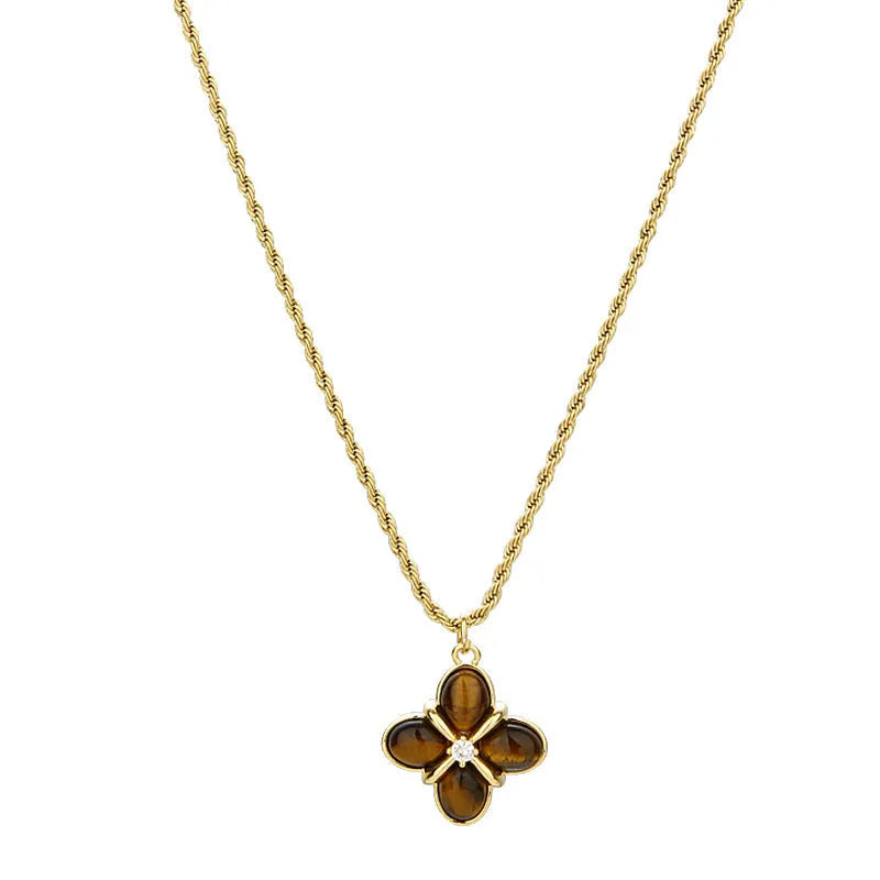 Natural tigereye titanium steel necklace with geometric pendant on regular chain