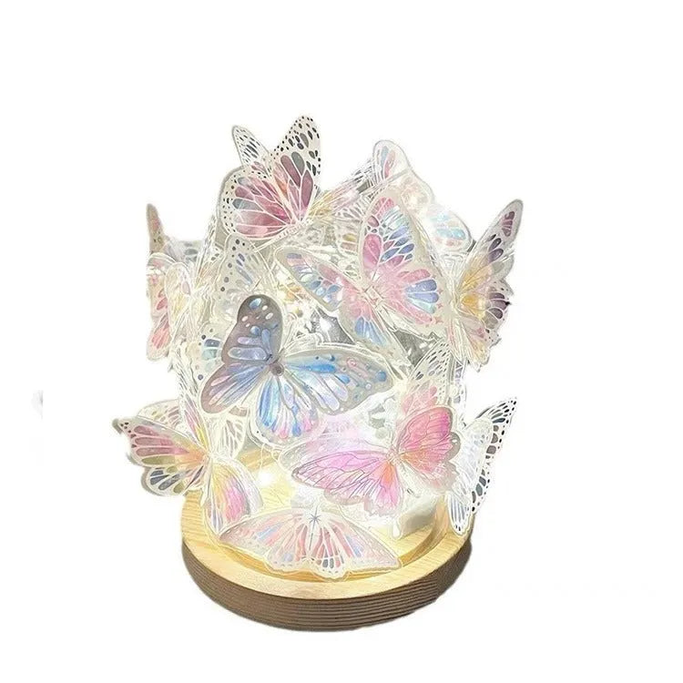 Butterfly night lamp DIY kit with glass lampshade and raw wood base, measuring 12cm by 15cm.