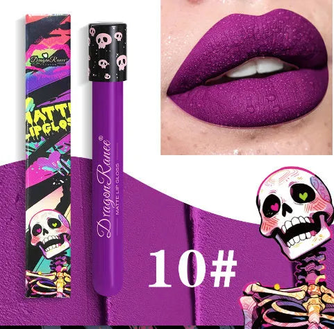 Halloween matte lip gloss in a test tube skull container showing gold and silver shades