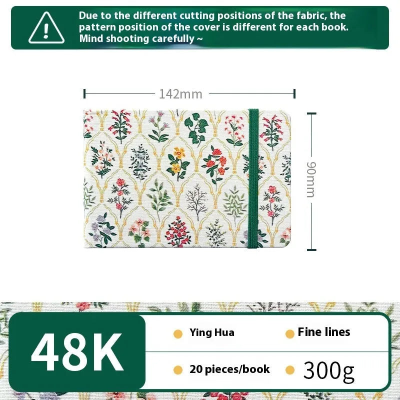 Feiluniao handmade fabric watercolour sketchbook with decorative cover, 185mm long.