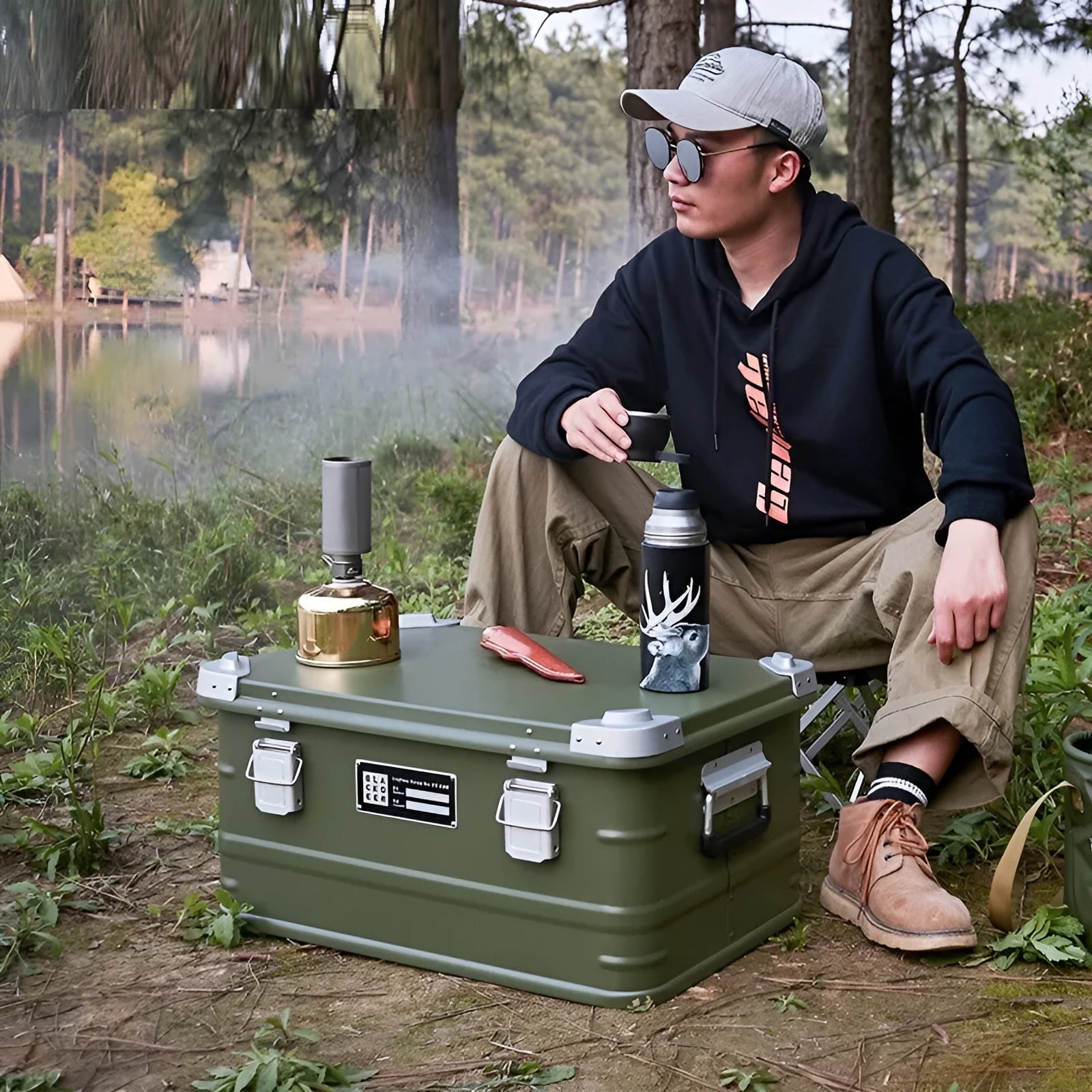 Field green aluminum alloy camping storage box with 58x38x28cm dimensions for vehicle-mounted equipment organisation