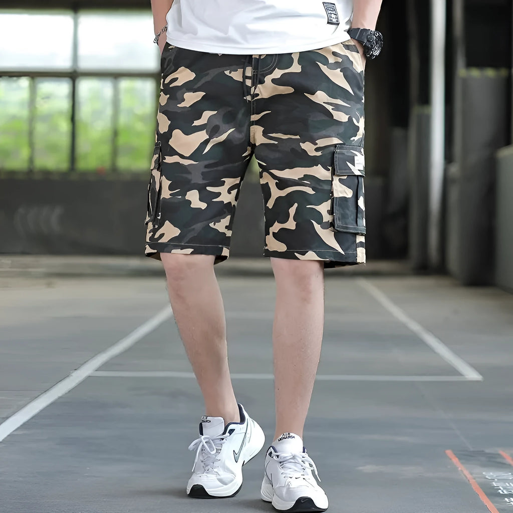 Men's loose fit Korean style cargo trousers in army green with giraffe pattern gradient detail