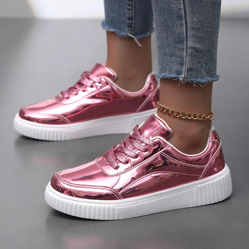 Rose gold sequin platform sneakers with round toe and thick MD sole on size label background