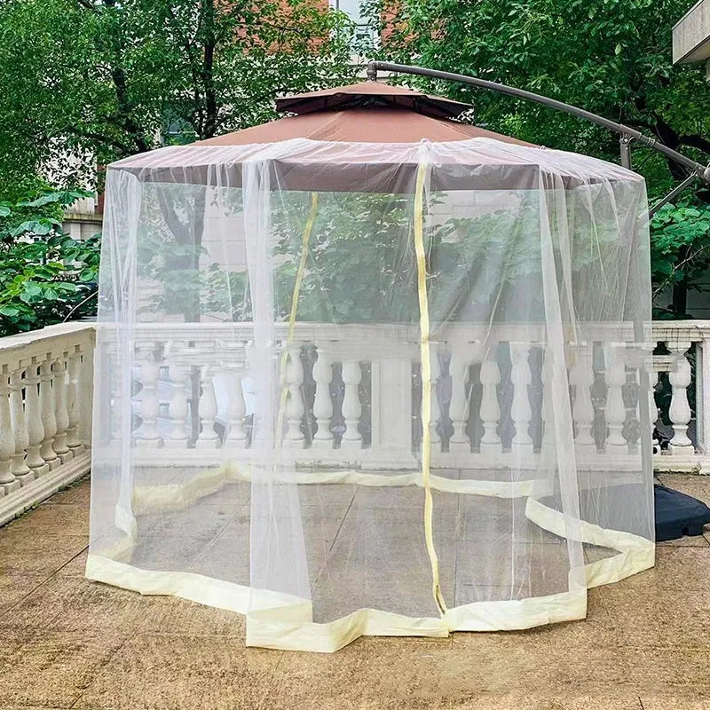 Heavy outdoor steel-framed umbrella tent with sunshade canopy and mosquito net in a garden setting.