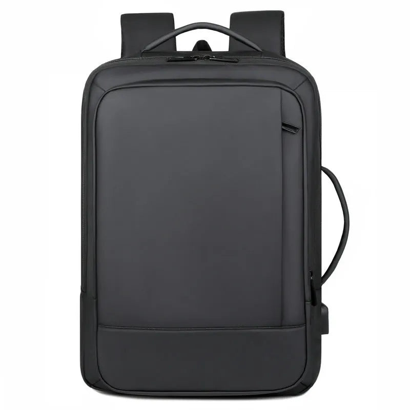 Men's black waterproof backpack with curved shoulder straps and 20-35L capacity for business travel