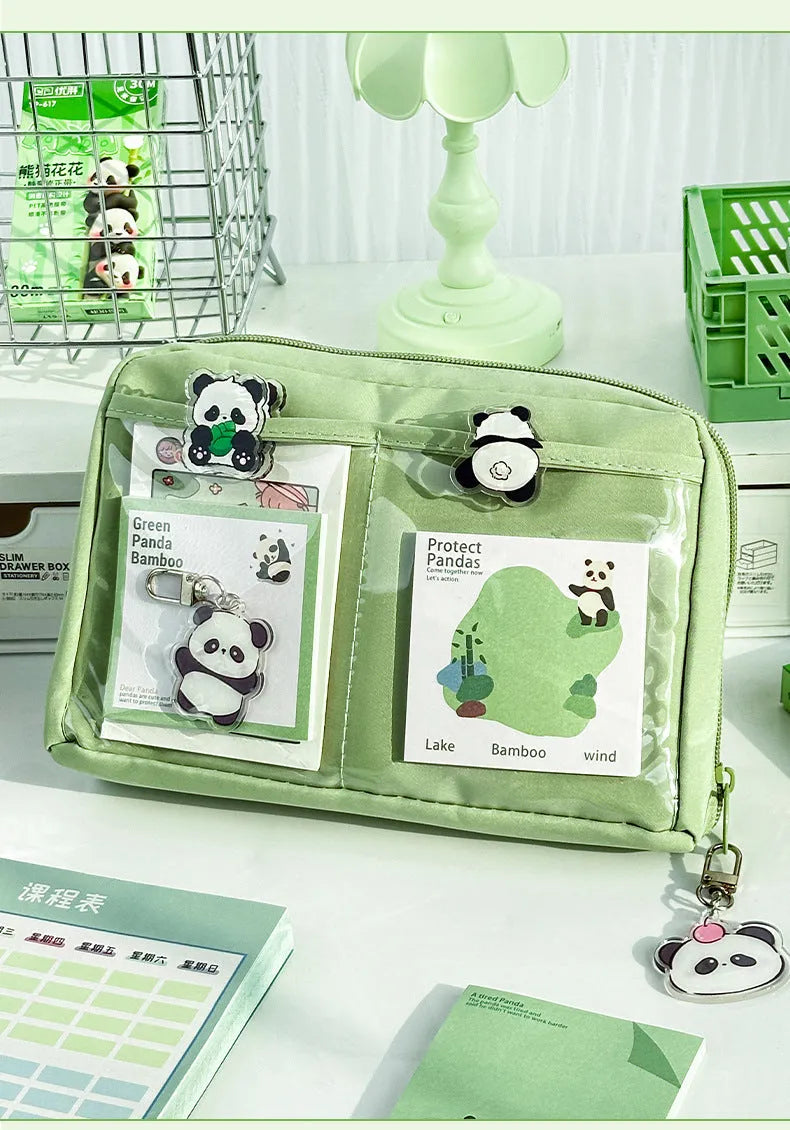Green panda-themed pencil case with twelve compartments for stationery organisation