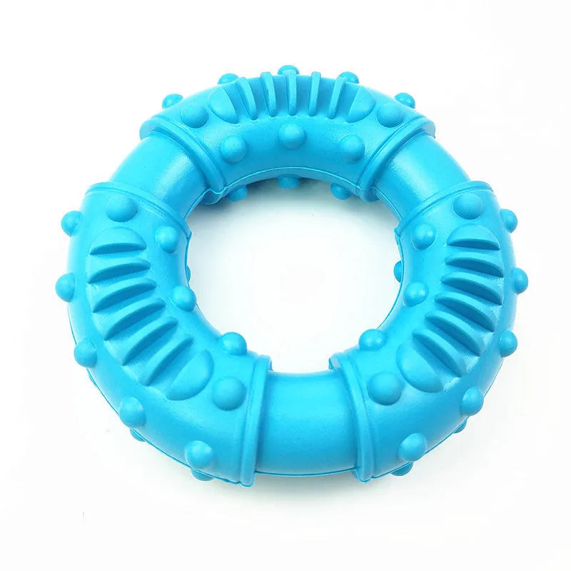 Blue, orange, and red bouncy hollow dog fetching stick toy for safe chew and fetch play.