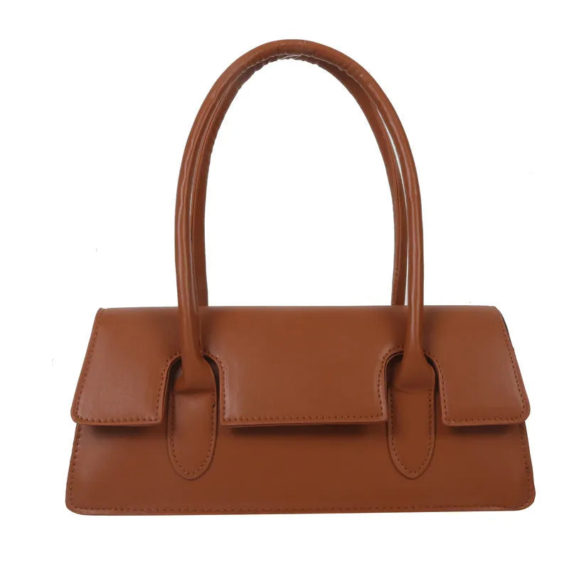 Women's small square shoulder bag in PU leather showing horizontal design with stitching details