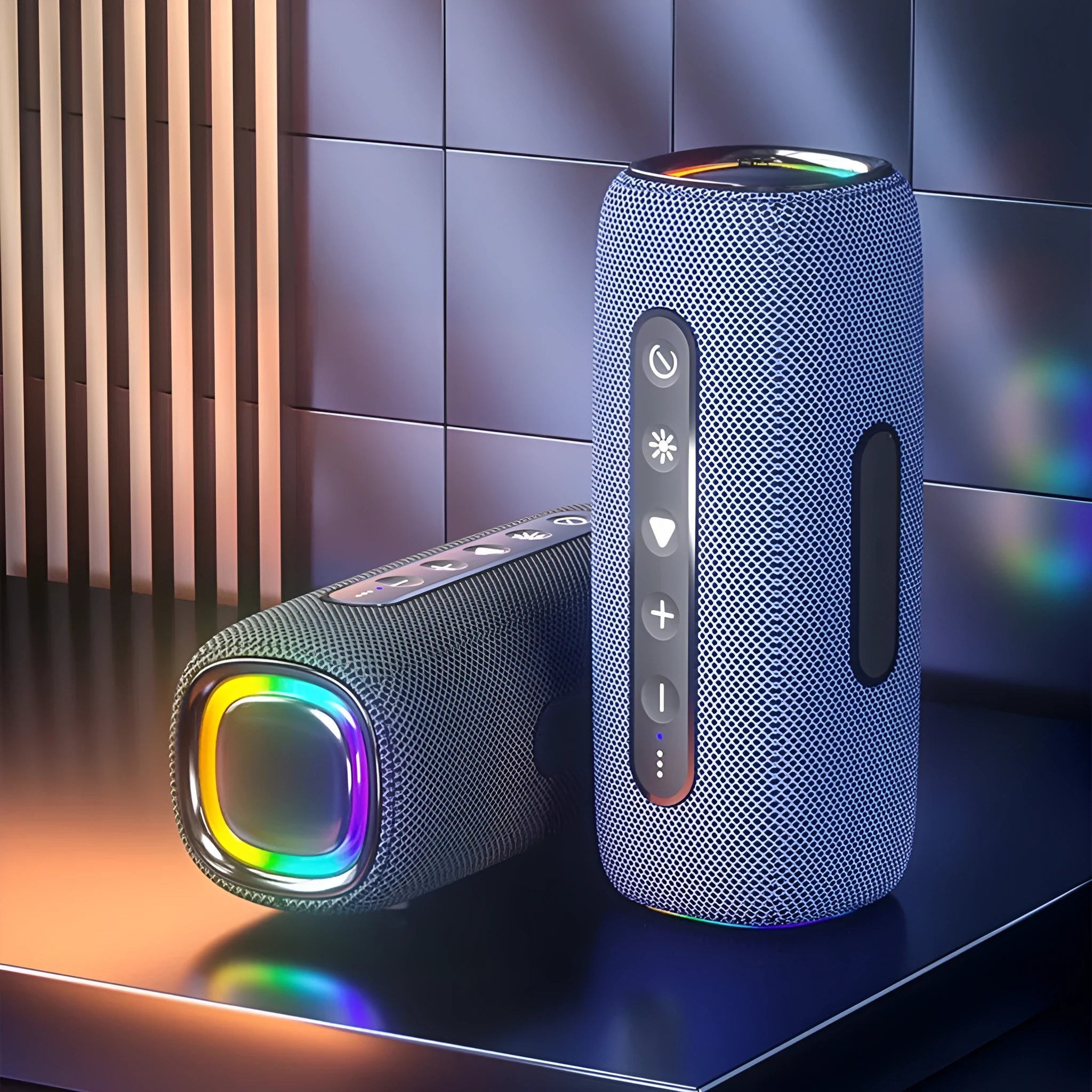 Outdoor portable wireless Bluetooth speaker in gray with cloth grille and button controls, 4000mAH battery