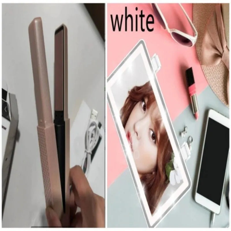 Pink and green cordless USB hair straightener with ceramic plates and digital temperature display.